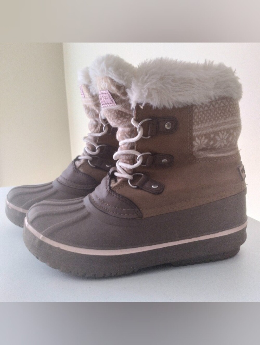 London Fog Brown and Pink Faux-Fur Winter Lace-Up Boots